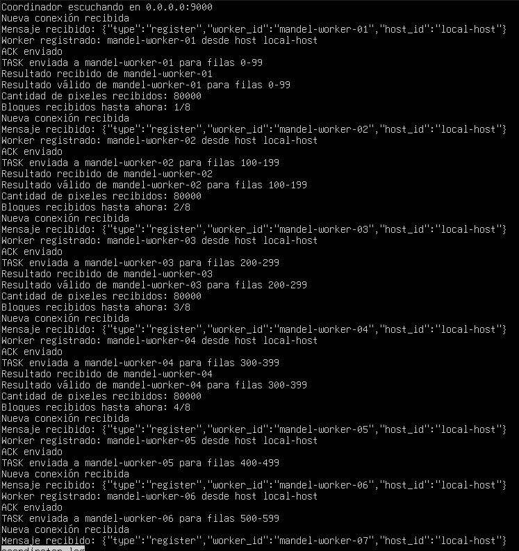 Log del coordinador mostrando 8 de 8 bloques recibidos 1