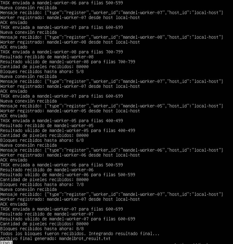 Log del coordinador mostrando 8 de 8 bloques recibidos 2